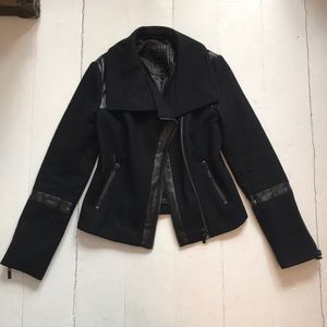 Black wool /leather moto coat - Guess, size small